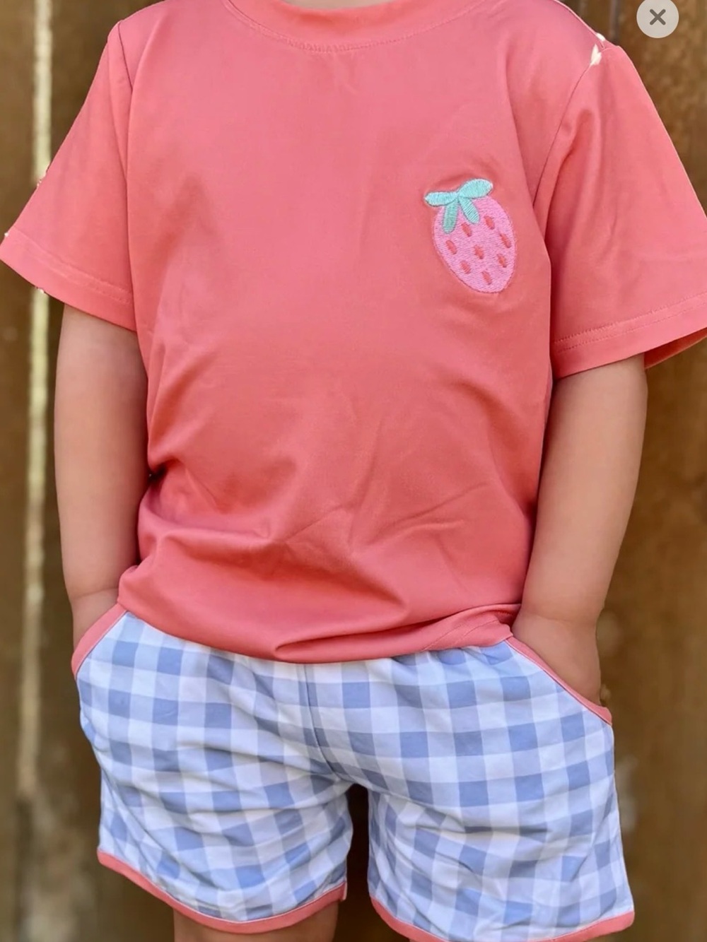 Southern Darlin Smocks Coral Strawberry Pocket Tee and Gingham Shorts Set